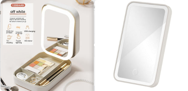Makeup Storage Box with LED Light Mirror Portable Travel Makeup Cosmetics Storage Box Touch Light Storage Organizer