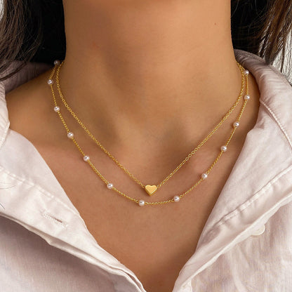 Fashion Jewelry Women'S Pearl Tassel Pendant Double-Layer Necklace Gold Pearl Necklace for Women