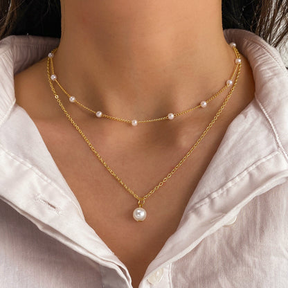 Fashion Jewelry Women'S Pearl Tassel Pendant Double-Layer Necklace Gold Pearl Necklace for Women