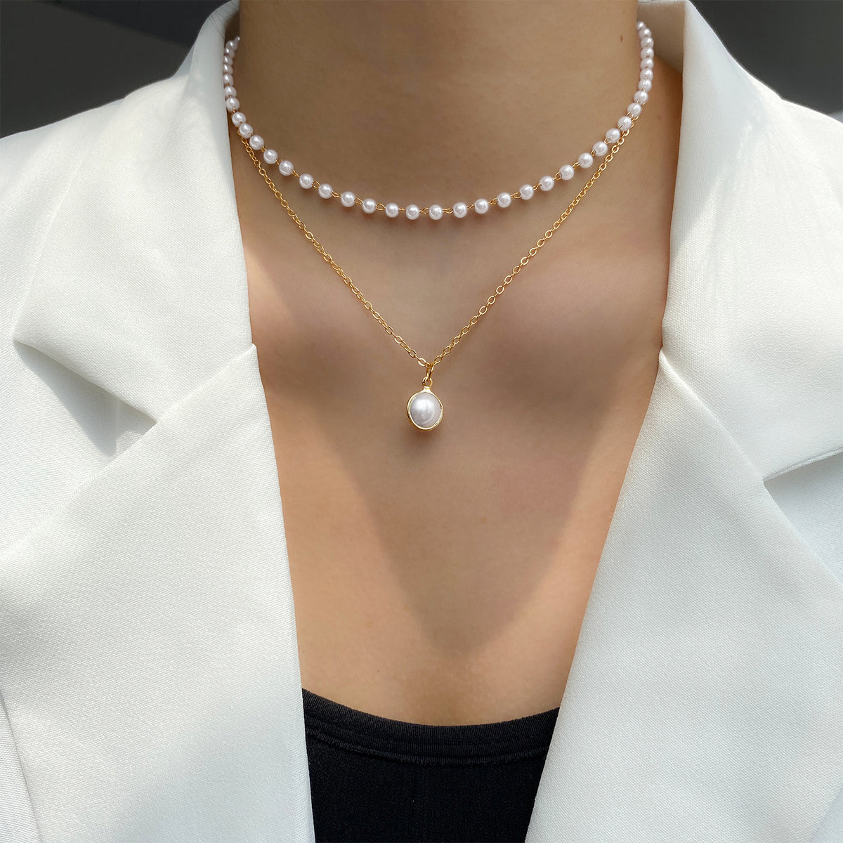 Fashion Jewelry Women'S Pearl Tassel Pendant Double-Layer Necklace Gold Pearl Necklace for Women