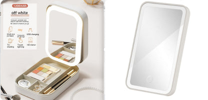 Makeup Storage Box with LED Light Mirror Portable Travel Makeup Cosmetics Storage Box Touch Light Storage Organizer