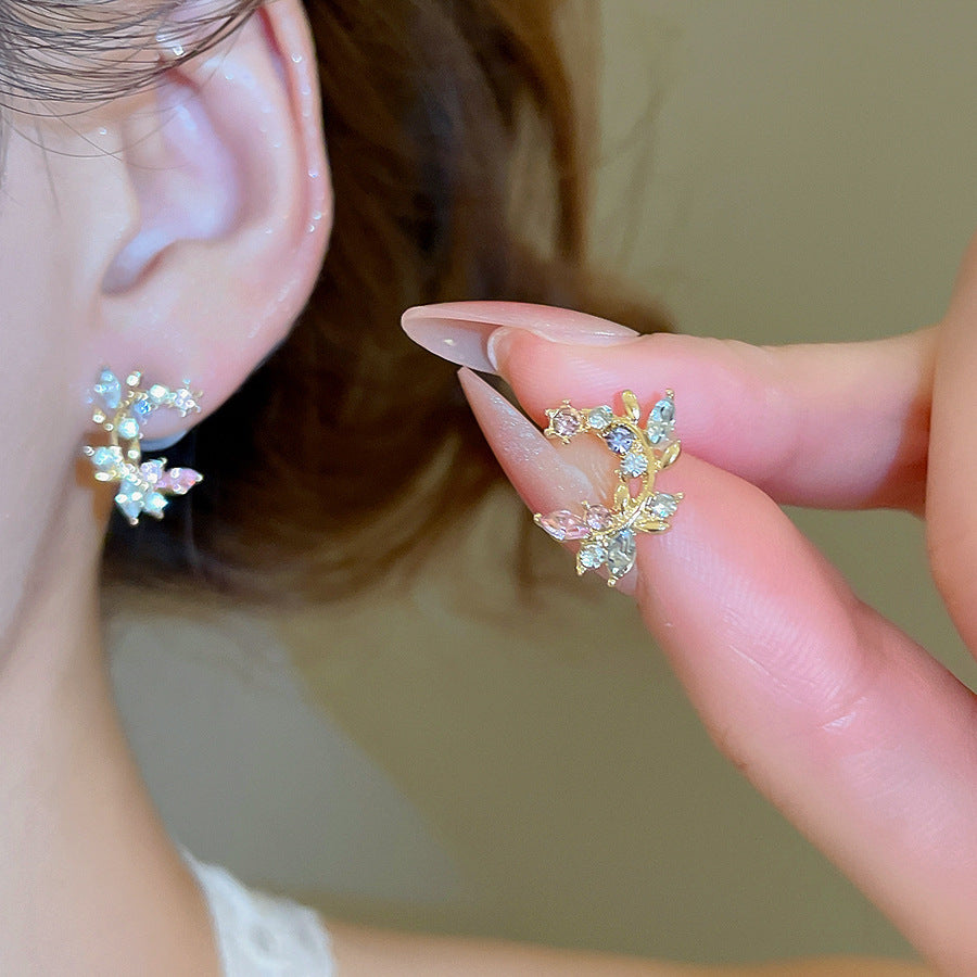 S925 Sterling Silver Stud Earrings for Women Crystal Floral Wreath Earrings Zircon Flower Small Stud Earrings