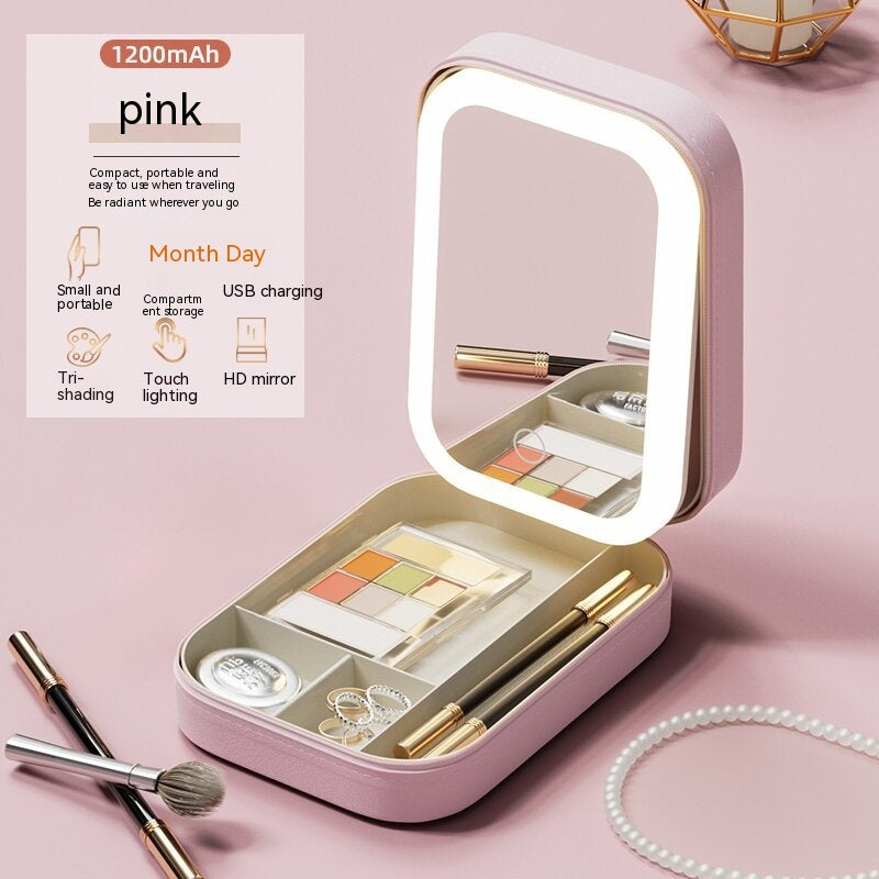 Makeup Storage Box with LED Light Mirror Portable Travel Makeup Cosmetics Storage Box Touch Light Storage Organizer
