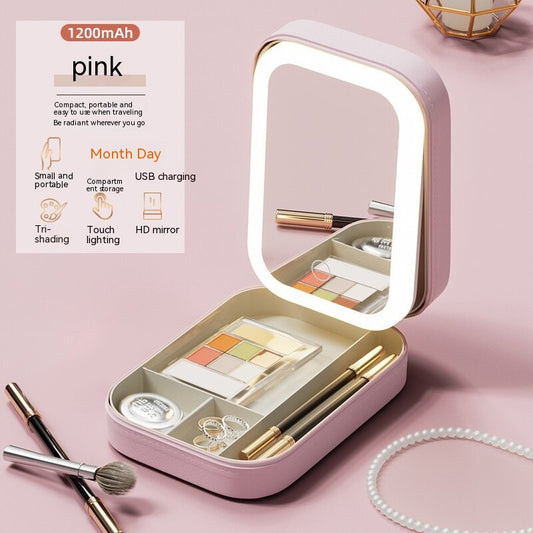 Makeup Storage Box with LED Light Mirror Portable Travel Makeup Cosmetics Storage Box Touch Light Storage Organizer